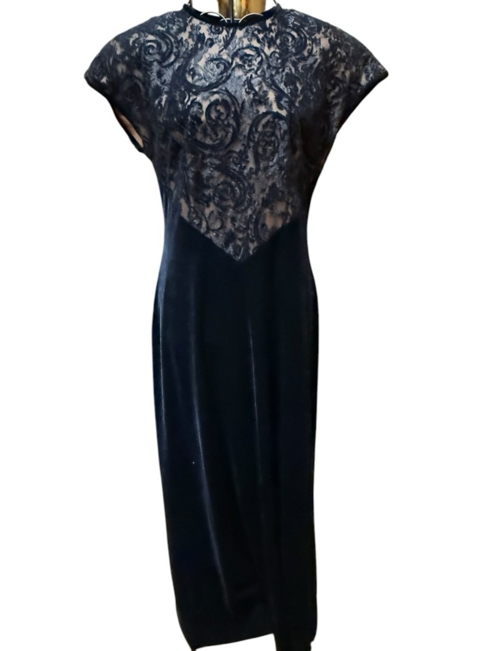 Vintage Jeffrey & Dara Classic Black Velvet Lace-Top Maxi Dress